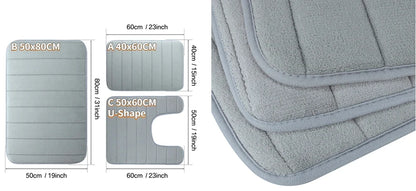 3PC Set Non-Slip Memory Foam Bath Mats - Soft, Water Absorbent, Quick-Dry, Machine Washable Floor Rugs