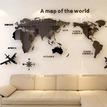 3D Acrylic World Map Wall Stickers – Three-Dimensional Mirror Decals for Bedroom & Office Decoration