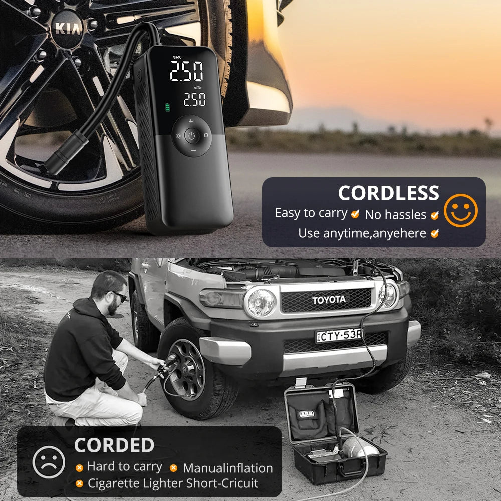 CARSUN Digital Cordless Tire Inflator – Rechargeable Portable Air Pump for Car, Motorcycle, Bicycle & Balls
