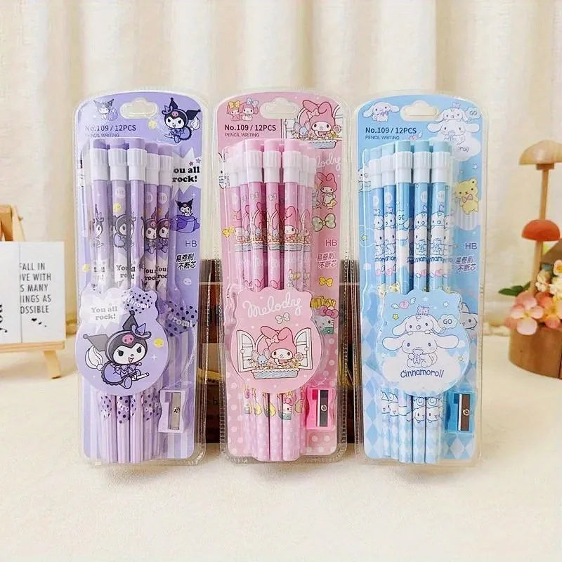 12pcs Sanrio Cinnamoroll & Kuromi Cute Cartoon HB Pencils - Writing & Drawing Stationery Box Set with 12 Pencils & 1 Pencil Roller