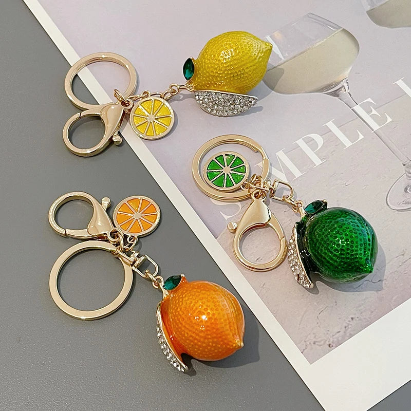 EASYA Vintage Imitation Fruit Charm Keychain – Lemon, Persimmon & Strawberry Glass Pendant, Luxury Jewelry for Women