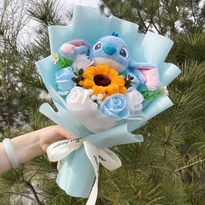 Cartoon Stitch Plush Doll with Flowers – Handmade Stuffed Animal Bouquet for Valentine’s, Christmas & Graduation Gifts