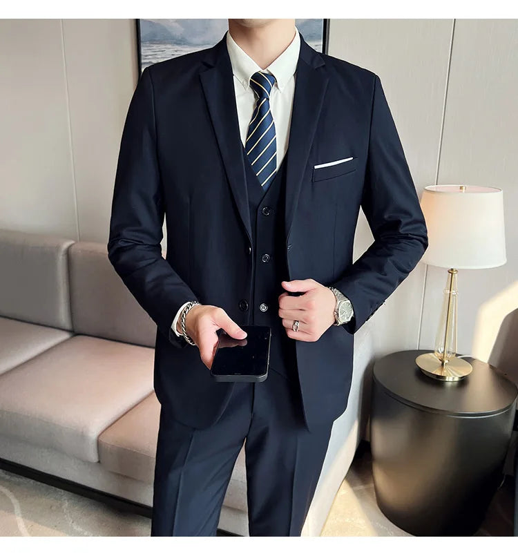 High-Quality Men’s 3-Piece Suit Set — Business Casual & Wedding Outfit (Jacket + Vest + Trousers), 2024 Fashion Banquet, Sizes S-6XL
