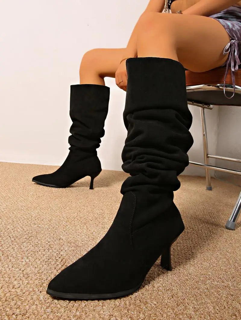 2025 Women’s Retro Black Suede Knee-High Boots – Pointed Toe, High Heel, Plus Size