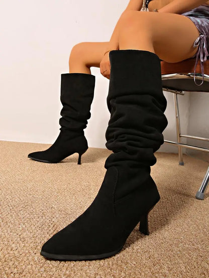 2025 Women’s Retro Black Suede Knee-High Boots – Pointed Toe, High Heel, Plus Size
