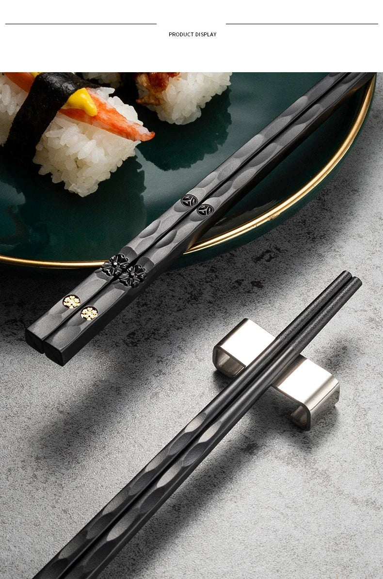 5 Pairs Japanese Reusable Chopsticks – Black Sushi Sticks for Food, Noodles, Alloy Chinese & Korean Kitchen Tableware