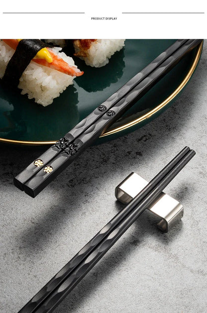 5 Pairs Japanese Reusable Chopsticks – Black Sushi Sticks for Food, Noodles, Alloy Chinese & Korean Kitchen Tableware