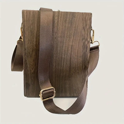 Retro Wooden Box Messenger Bag – Women’s Outdoor Sketch & Tool Storage Bag with Lid, Nostalgic Souvenir Design