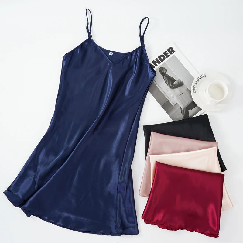 Women’s Silk Satin V-Neck Nightdress – Sleeveless Sexy Sleepwear Nightgown Plus Size Nightwear
