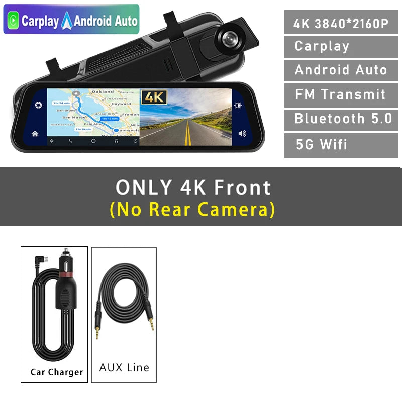 4K 2160P Dash Cam – Car DVR with CarPlay, Android Auto, Rearview Mirror Streaming, GPS, 5G WiFi, FM Radio, AUX
