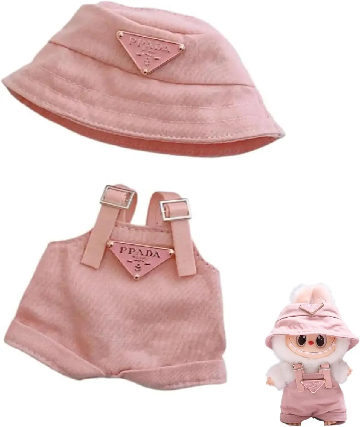 8-Inch Labubu Clothes Set – Pink Hat & Overalls Outfit for Labubu Dolls, Cute Dress-Up Accessories