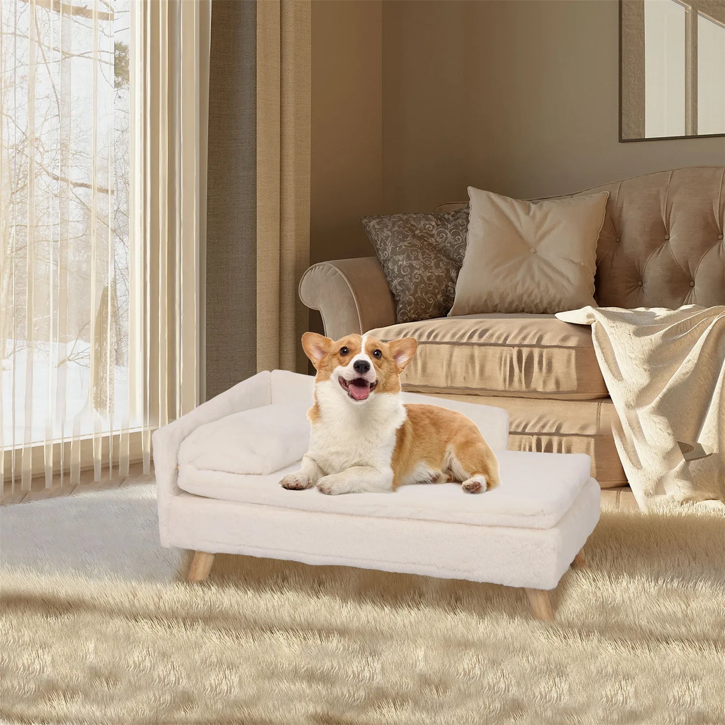 Elevated Pet Bed — Nordic Style Stool Bed with Cozy Waterproof Pad & Wooden Legs for Small Dogs & Kittens