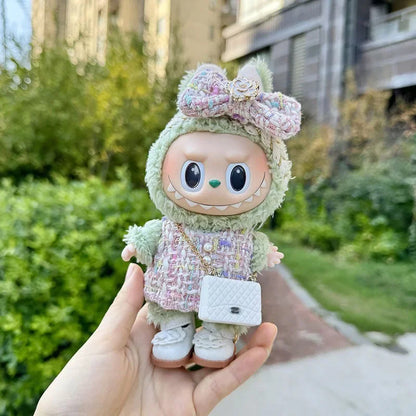 Cute 17cm Labubu Idol Doll Outfit – Camellia Dress, Bag & Shoes Set for Mini DIY Monster Sitting Party Collection