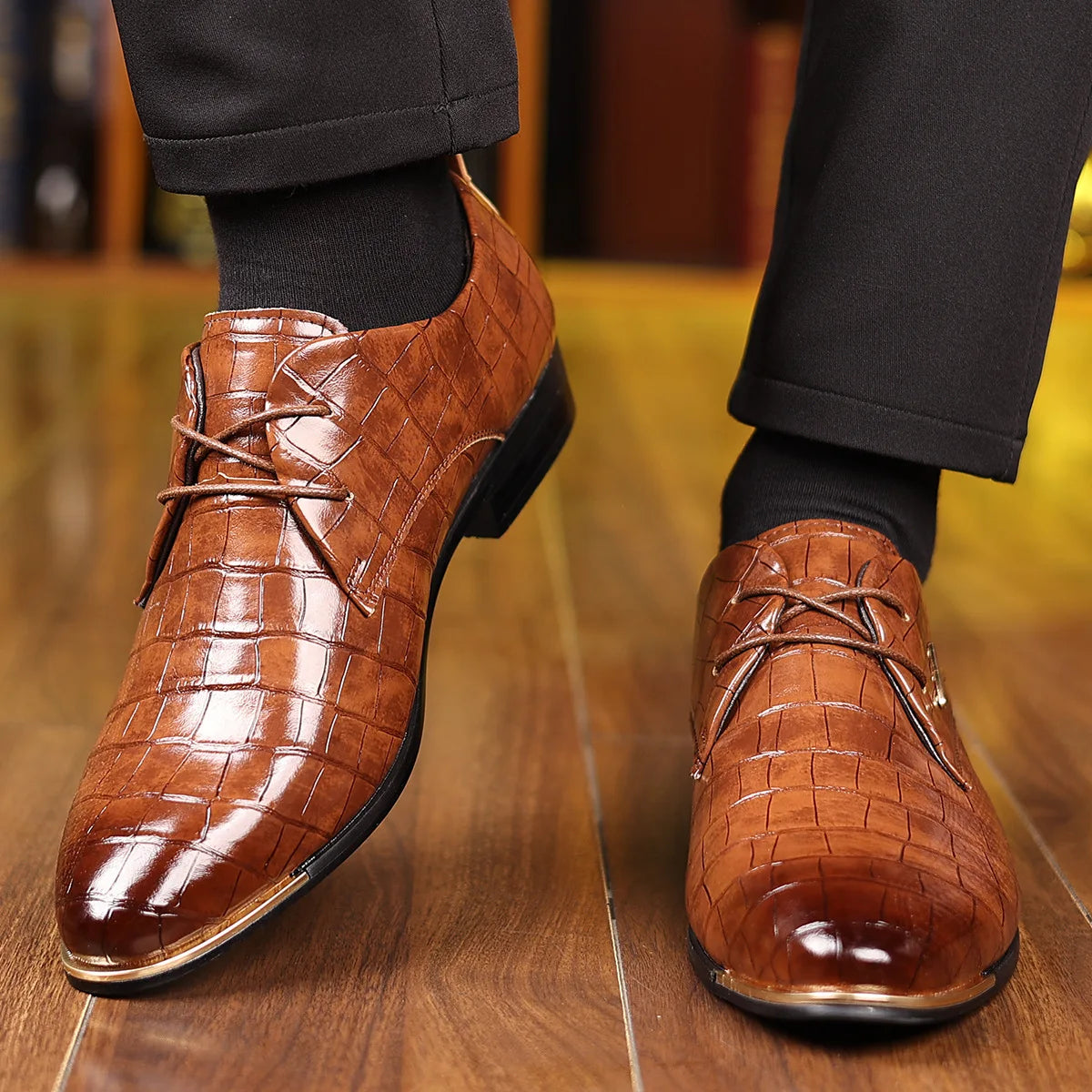 Men’s Leather Pointed Toe Shoes - Soft Patchwork Business Formal Wedding and Office Dress Shoes