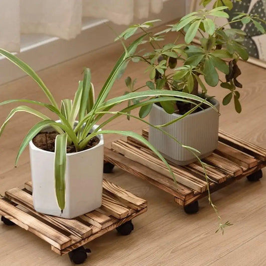 Wooden Rolling Plant Stand - Thick Flower Pot Holder with Universal Wheels for Bonsai & Indoor Garden Decor