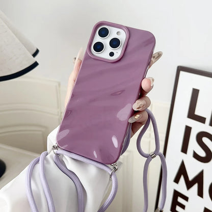Glossy Wave Ripple Crossbody Lanyard Phone Case for iPhone 17/16/15 Pro Max Air 14 13 12 11 XR X 8 7 - Soft Silicone Protective Cover with Strap