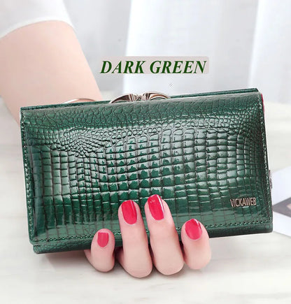Women’s Genuine Leather Short Wallet – Fashion Alligator Hasp & Zipper Coin Purse AE2155
