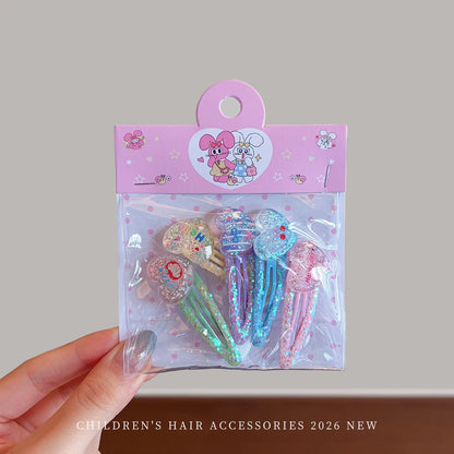 5-Piece Glitter Cartoon Hair Clip Set - Cute Sequin Star and Rabbit BB Clips for Baby Girls and Toddlers