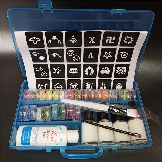 Halloween Glitter Tattoo Kit – Stencils, Glue, Brush & Body Art Makeup Glitter for Kids, Body Painting Powder