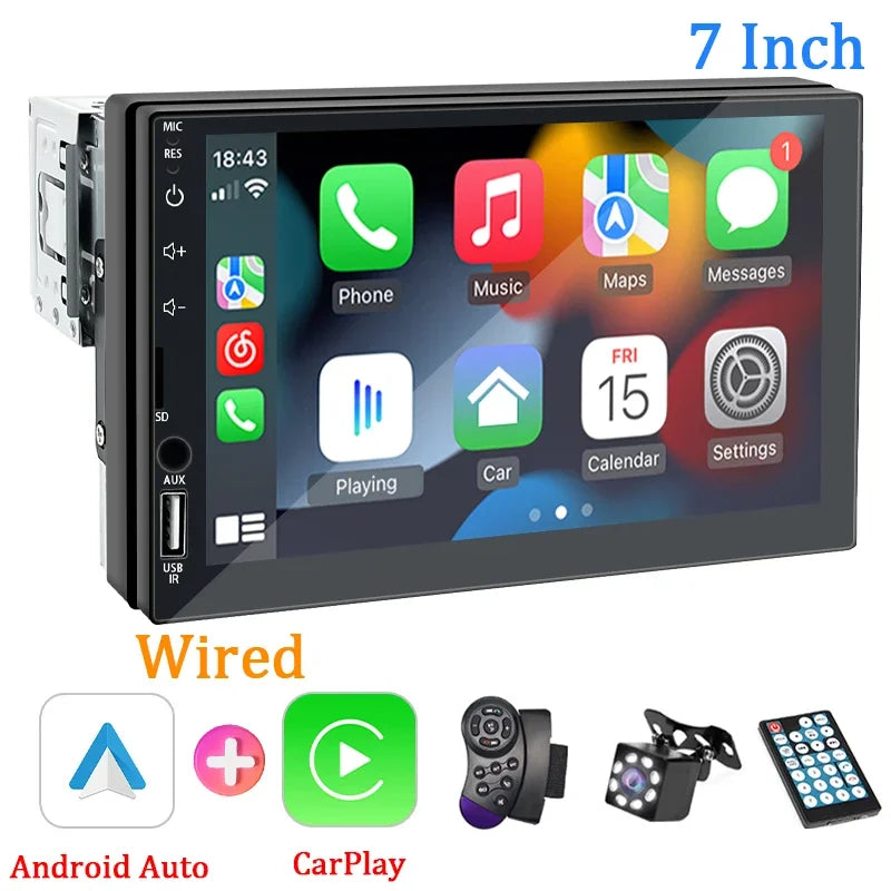 1DIN 7" HD Car Radio – CarPlay Android Auto Multimedia Player with Touchscreen, FM, AUX, Bluetooth & MirrorLink Universal Autoradio