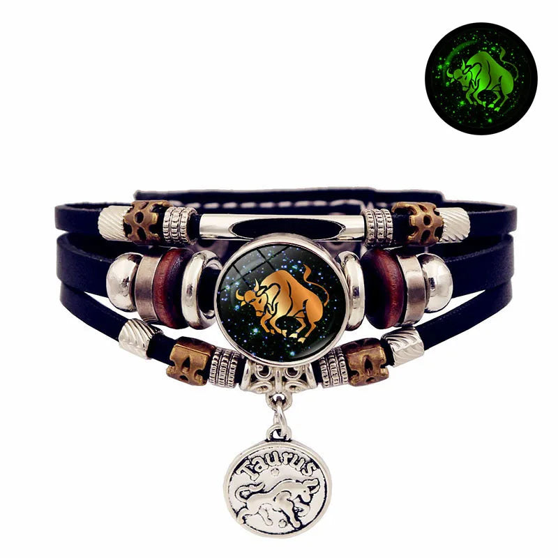 Luminous 12 Constellation Vintage Bracelet - Braided Punk Leather Glow-in-the-Dark for Men & Women, Birthday Gift