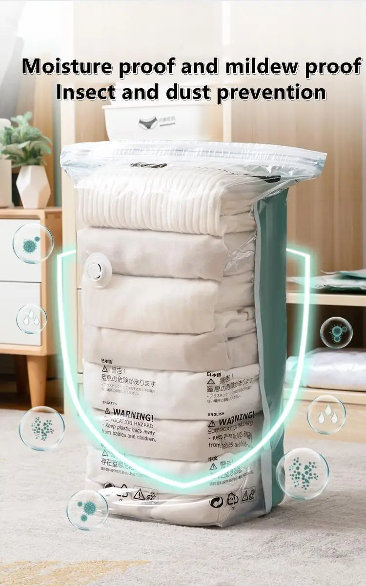 No-Pump Vacuum Storage Bags – Large Plastic Compression Bags for Clothes, Blankets & Travel Accessories