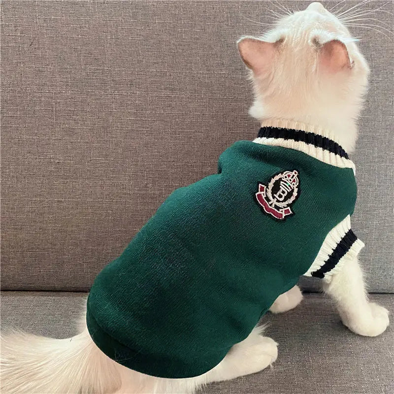 Knitted Dog Sweater for Small to Medium Breeds - Winter Warm Padded V-Neck School Uniform Coat for Chihuahuas and French Bulldogs