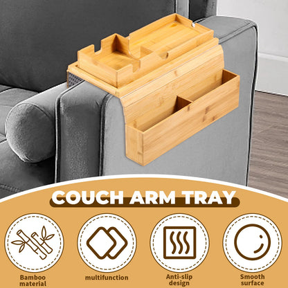 Bamboo Couch Cup Holder with Side Storage Pocket – Anti-Slip Foldable Sofa Armrest Tray for Cups, Snacks & Drinks