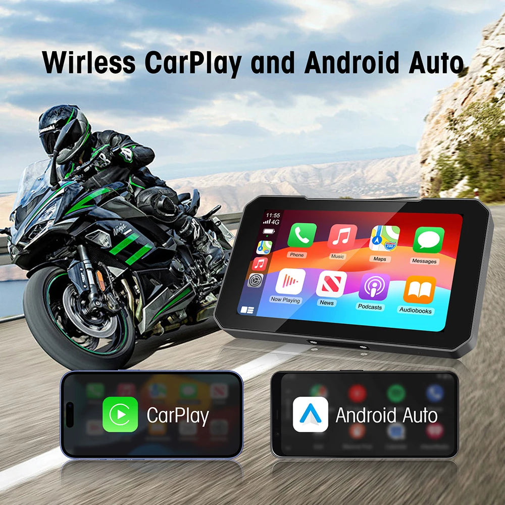 5 Inch Motorcycle CarPlay GPS Navigator - Portable Wireless Android Auto Touchscreen Display