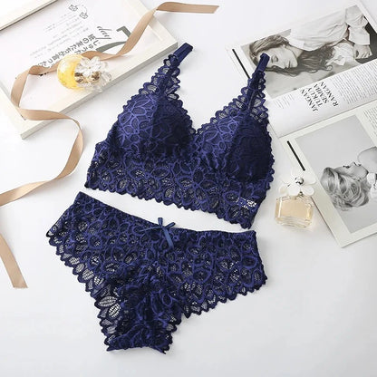 Sexy Lace Lingerie Set – Seamless Wire-Free Bra & Panty with Embroidery Hollow-Out Design
