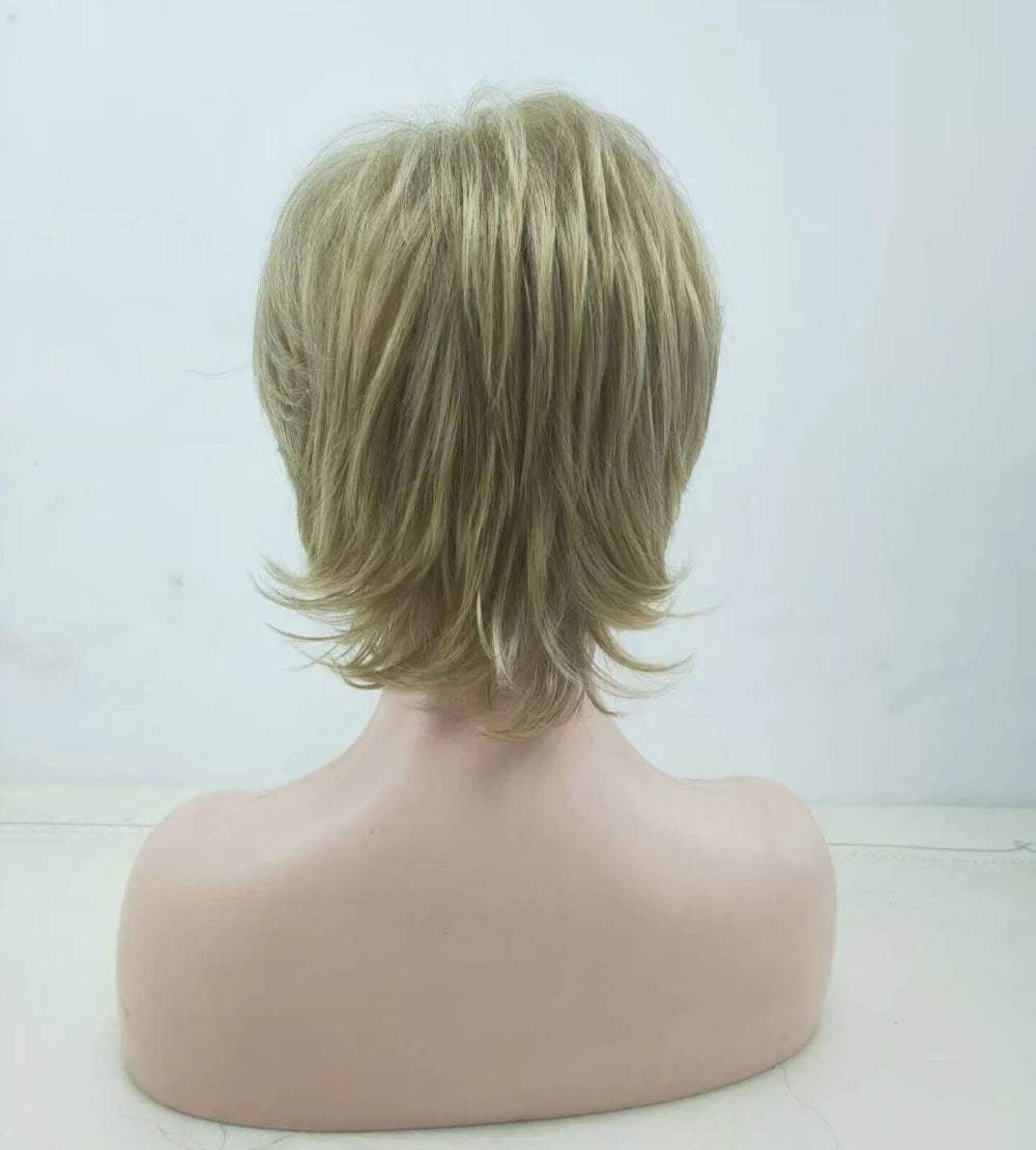 HAIRJOY Short Blonde Wig with Bangs – Blonde and Brown Mix Synthetic Fluffy Wig for Women