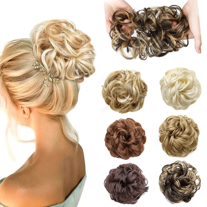 Synthetic Messy Bun Chignon Donut – Blonde & Brown Hair Bun Pad, Elastic Hair Rope, Rubber Band Hair Extensions for Women