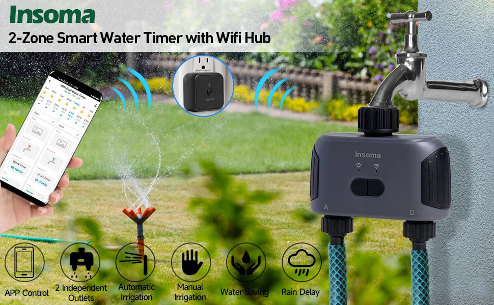 Insoma Automatic Water Timer with WiFi Hub – 2-Outlet Garden Irrigation Sprinkler System, Alexa Compatible