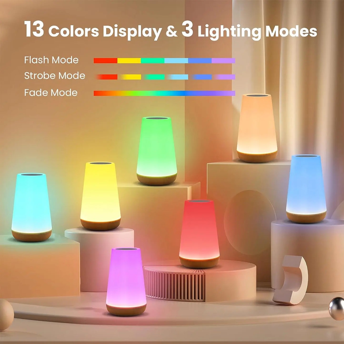 13 Color Changing Night Light - RGB Touch Control USB Rechargeable Dimmable Bedside Table Lamp