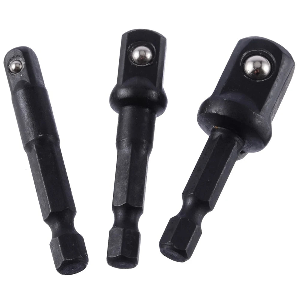 3pcs Impact Socket Adapter Set – 1/4", 3/8", 1/2" Hex Shank Nut Driver Extensions for Screwdrivers