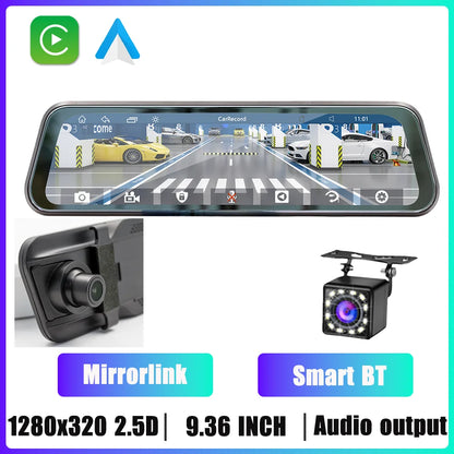 9.36" Car Stereo Touchscreen - MirrorLink, CarPlay & Android Auto Rearview Mirror Recorder with AUX, Bluetooth & FM Radio