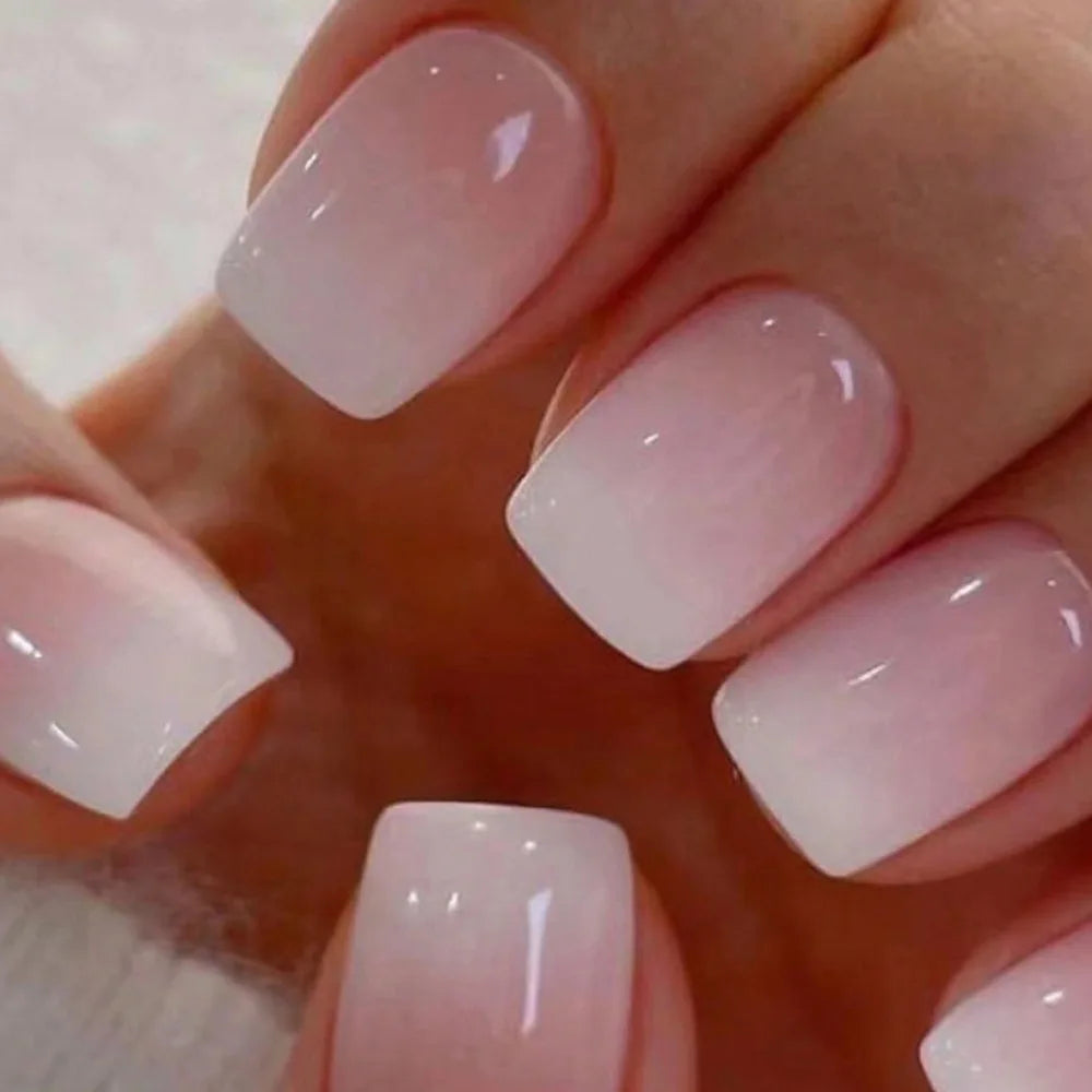 24Pcs Square Press On Nails - Nude White Gradient French False Nail Tips with Full Cover Short Design