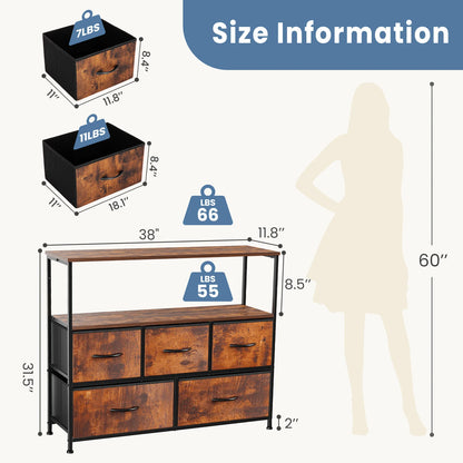 Fireplace TV Stand Dresser — Bedroom Storage Cabinet with 5 Fabric Drawers for Clothes & Display Furniture