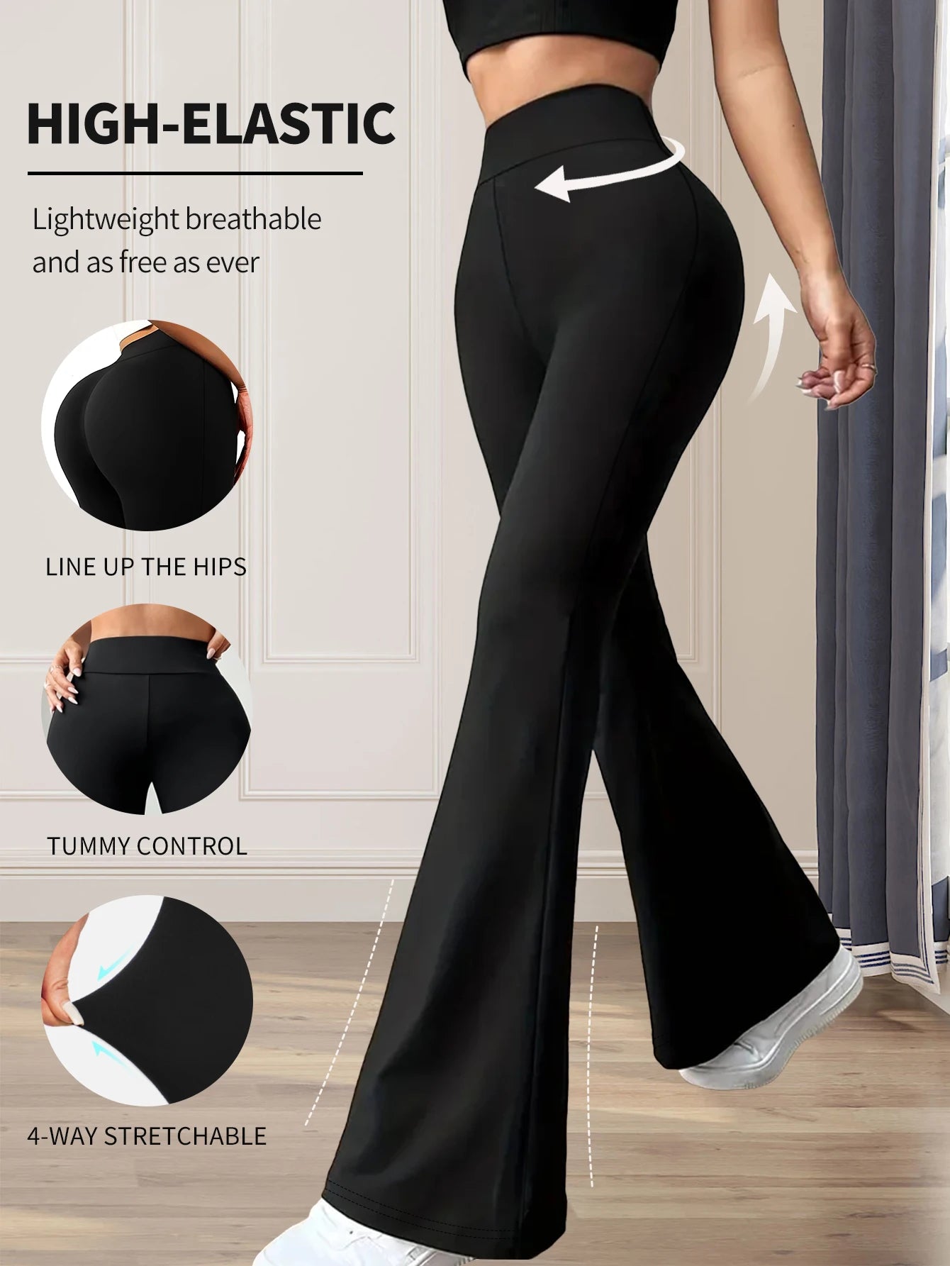 Women's High-Waisted Flared Pants - Slim-Fit Lightweight Wide-Leg Black Trousers
