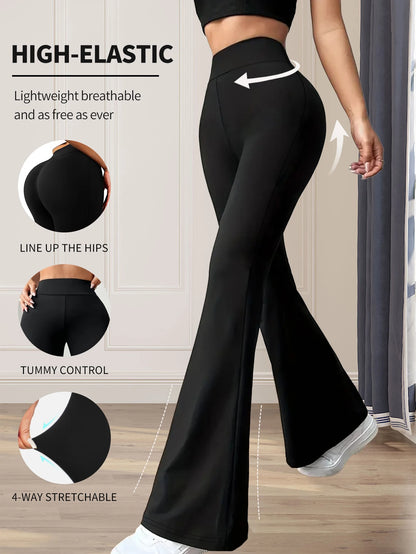 Women's High-Waisted Flared Pants - Slim-Fit Lightweight Wide-Leg Black Trousers