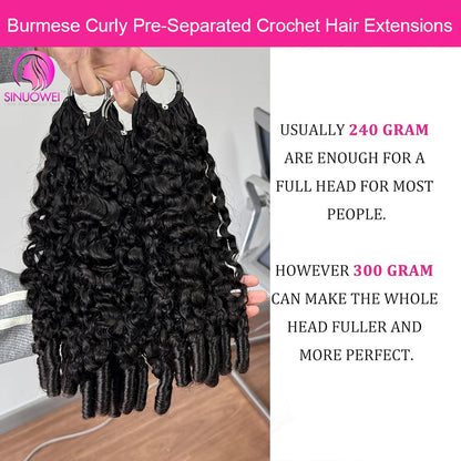 Burmese Curly Human Hair Extensions - 12A Natural Black Pre-Separated Feather Crochet Hair