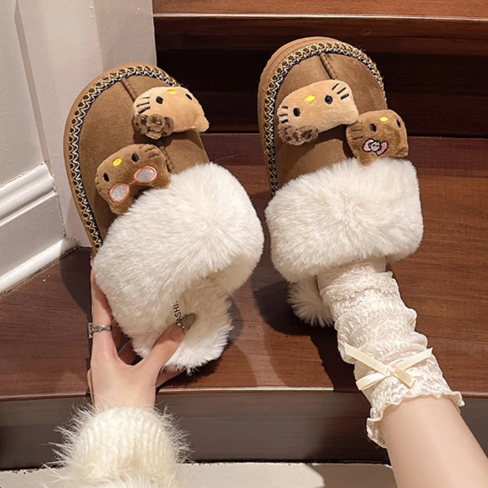 Sanrio Hello Kitty Winter Plush Slippers – Cute Fuzzy Warm Kawaii Women’s Home Shoes, Y2K Style, Non-Slip Outdoor Flats