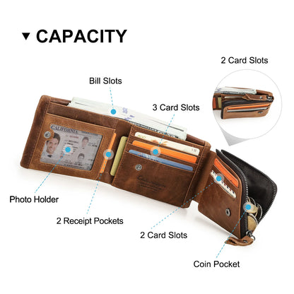 CONTACT'S Genuine Crazy Horse Leather Trifold Wallet – Vintage Men's Cowhide Wallet with Zip Coin Pocket