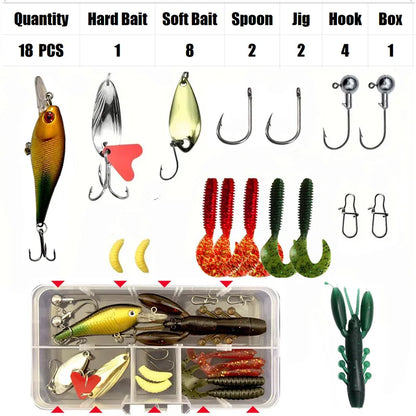 Fishing Lure Set 18–142pcs Mixed VIB Baits Kit – Soft Lures, Minnow, Popper & Hooks Freshwater Fishing Tackle Accessories Kit