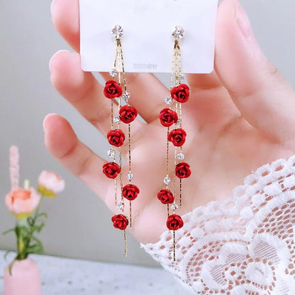 French Red Rose Tassel Earrings - Elegant Flower Zircon Dangle Jewelry for Bridal Weddings & Parties