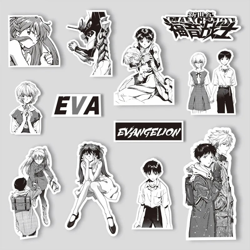 70/75-Piece Neon Genesis Evangelion Sticker Set - Black & White Sketch Anime Decals for Notebooks, Skateboards & Bikes