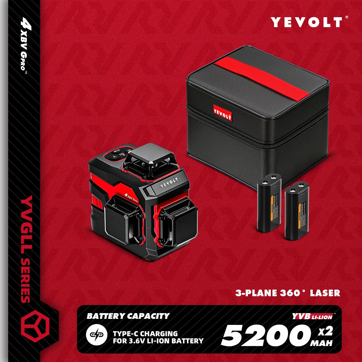 YEVOLT YVGLL4XS12 12-Line Green Laser Level – ±0.2mm/m Precision, IP54 Waterproof, Auto-Leveling with Slope Mode
