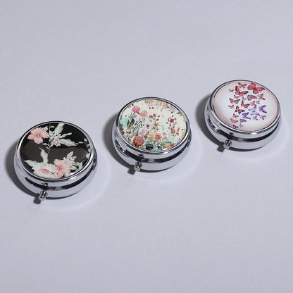 3-Compartment Stainless Steel Pill Box - Round Floral Medicine Organizer, Portable Capsule Case with Dividers