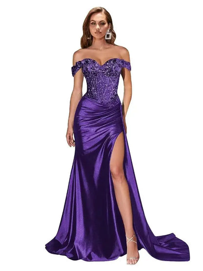 Dark Navy Off-Shoulder Prom Dress – Sweetheart Beaded Lace Evening Gown with High Side Slit, Corset Formal Party Dress 2025