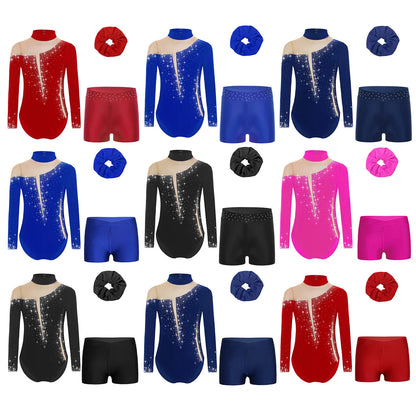 Kids Girls Long-Sleeve Ballet Leotard with Body Shorts & Hair Band — Gymnastics Dance Bodysuit